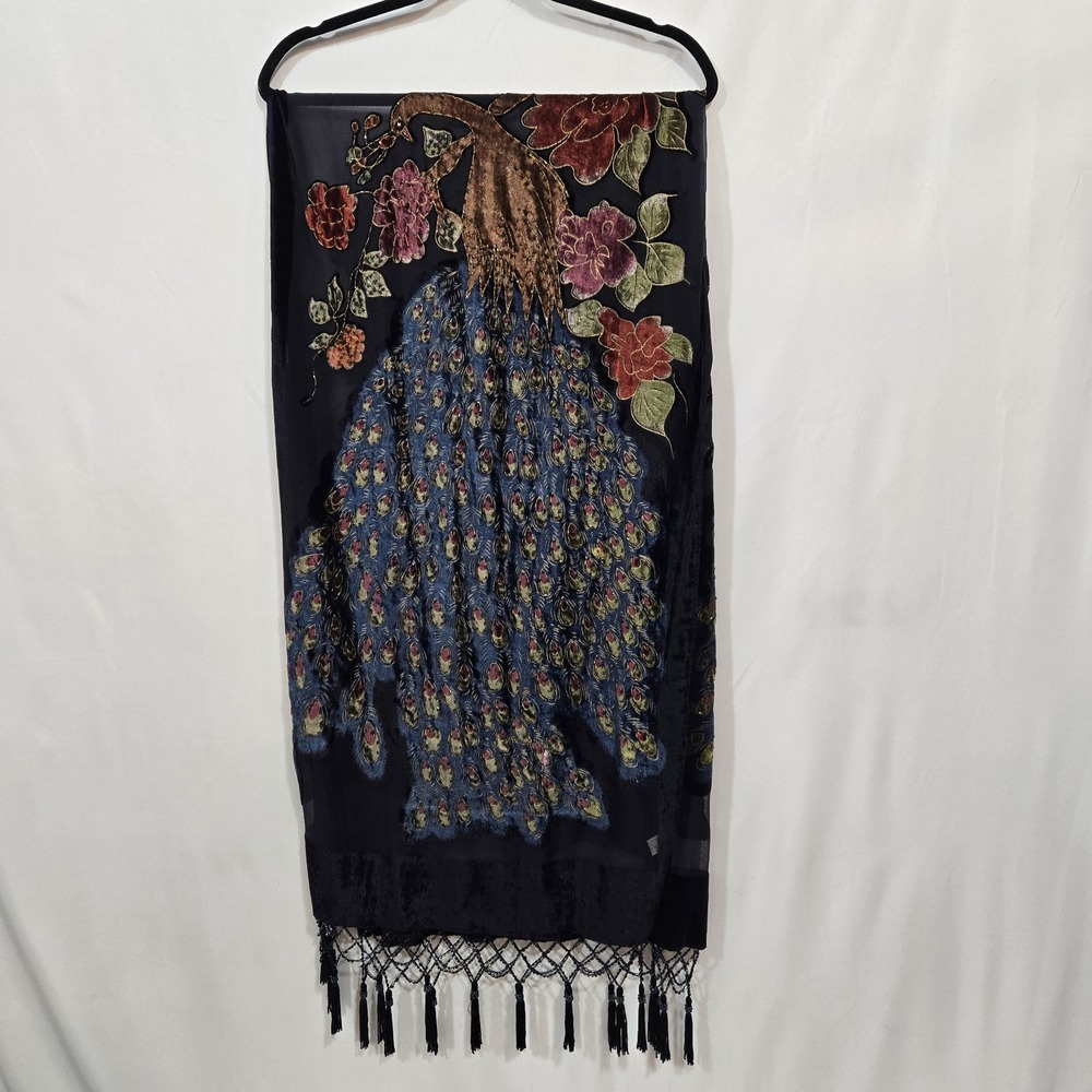 Peacock Burnout Velvet Scarf Silk Viscose Black Floral Fringe Scarf/ Wrap 74"